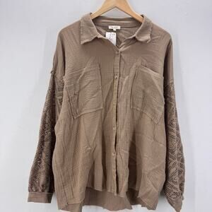 NWT Women Crochet Trim Sleeve Button Down Cotton Gauze sz L Casual Distressed